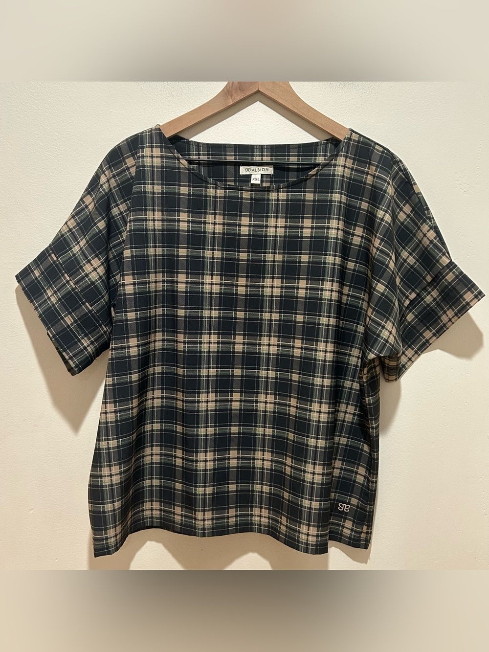Albion Boss Tee in Black, Beige & Green Plaid Boxy Lightweight Shirt - Size XXL
